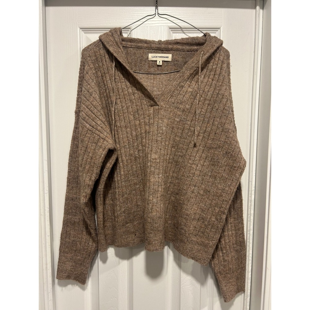 Lucky Brand Brown Ribbed Hooded‎ Sweater Womens Medium V-Neck Knit Pullover